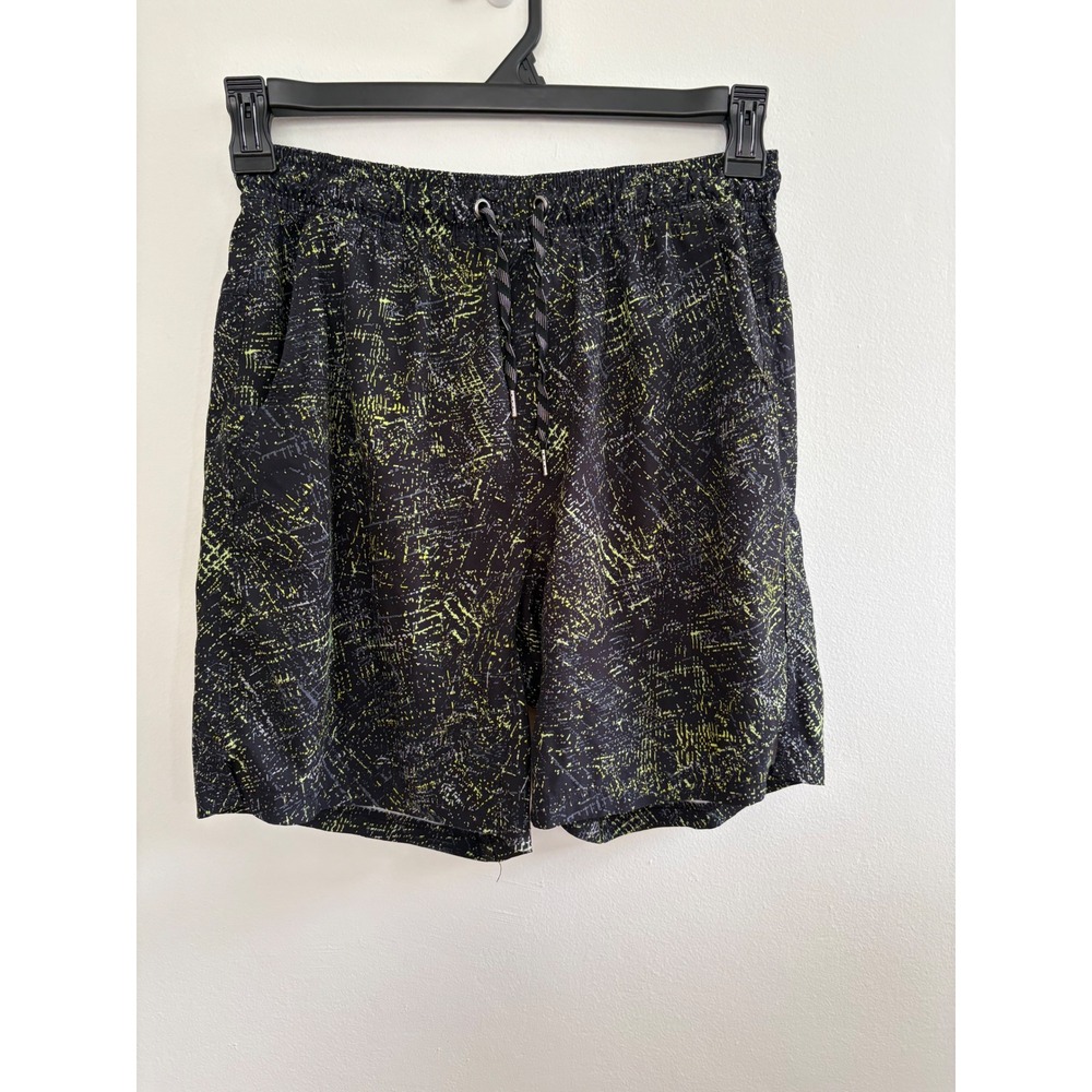 George Mens Athletic Shorts Small Black Neon Yellow Abstract Print Lined Gym 7in
